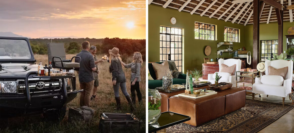 Four people clinking beverage glasses next to a safari vehicle at sunset (left) and indoor seating area at Royal Malewane, South Africa (right)