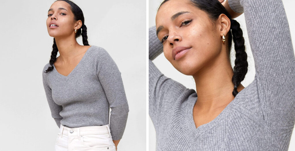 Model wearing the State Cashmere Ribbed Scoop-Neck Sweater in charcoal grey
