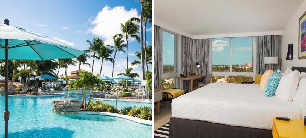 Pool on a sunny day at Warwick Paradise Island, Bahamas (left) and interior of guest room (right)
