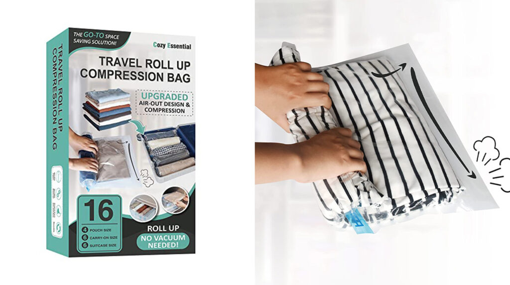 Box of Cozy Essential Compression Bags (left) and person rolling the air from a single bag (right)