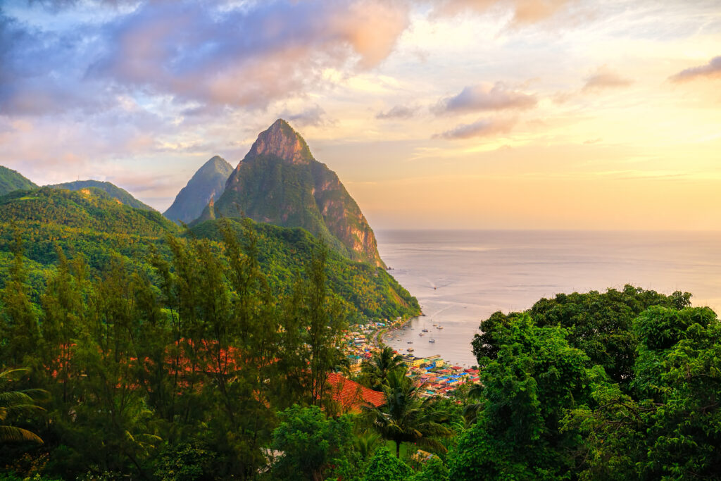 Sunrise over the Pitons in Saint Lucia