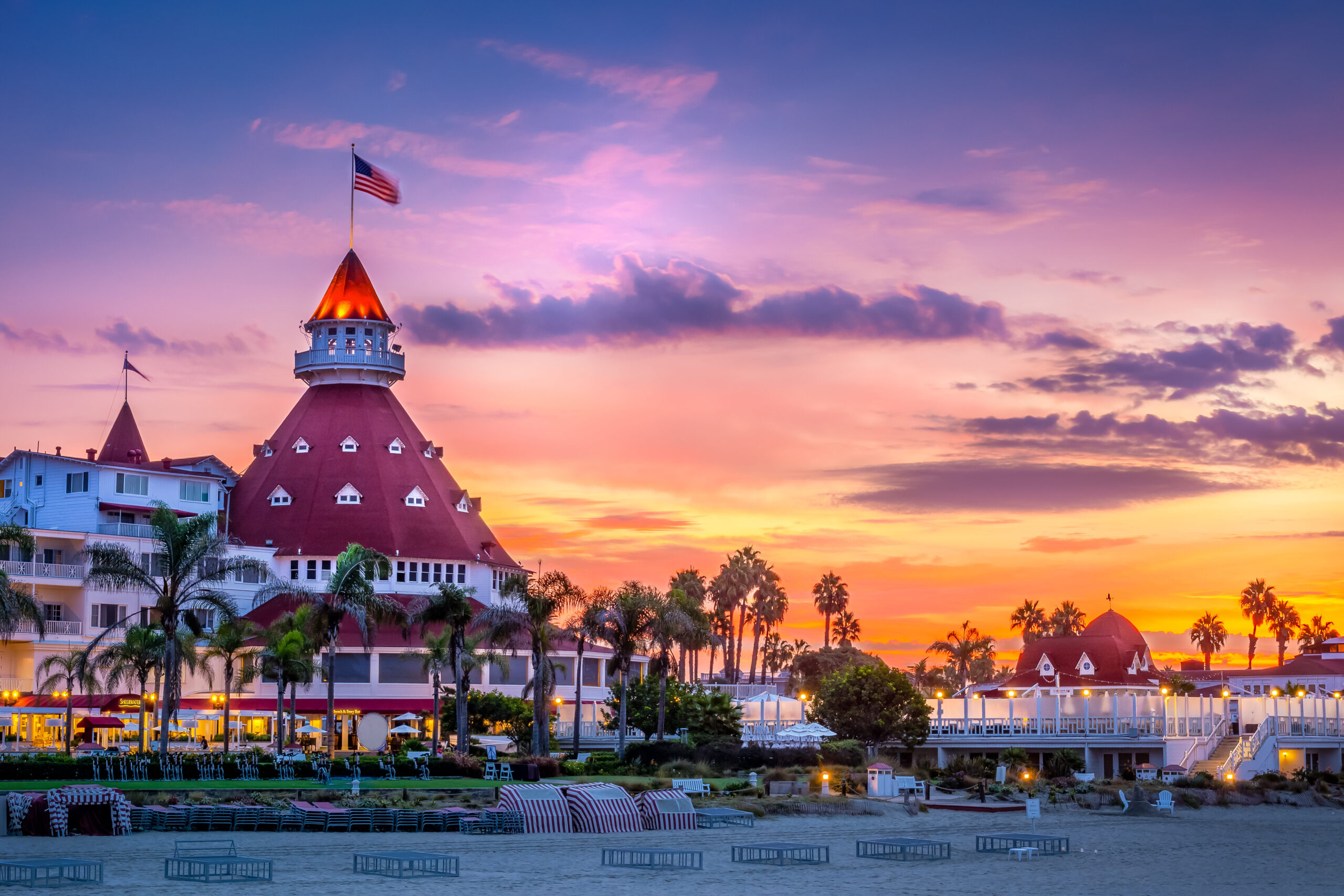 Hotel Coronado with the sun setting in the background.