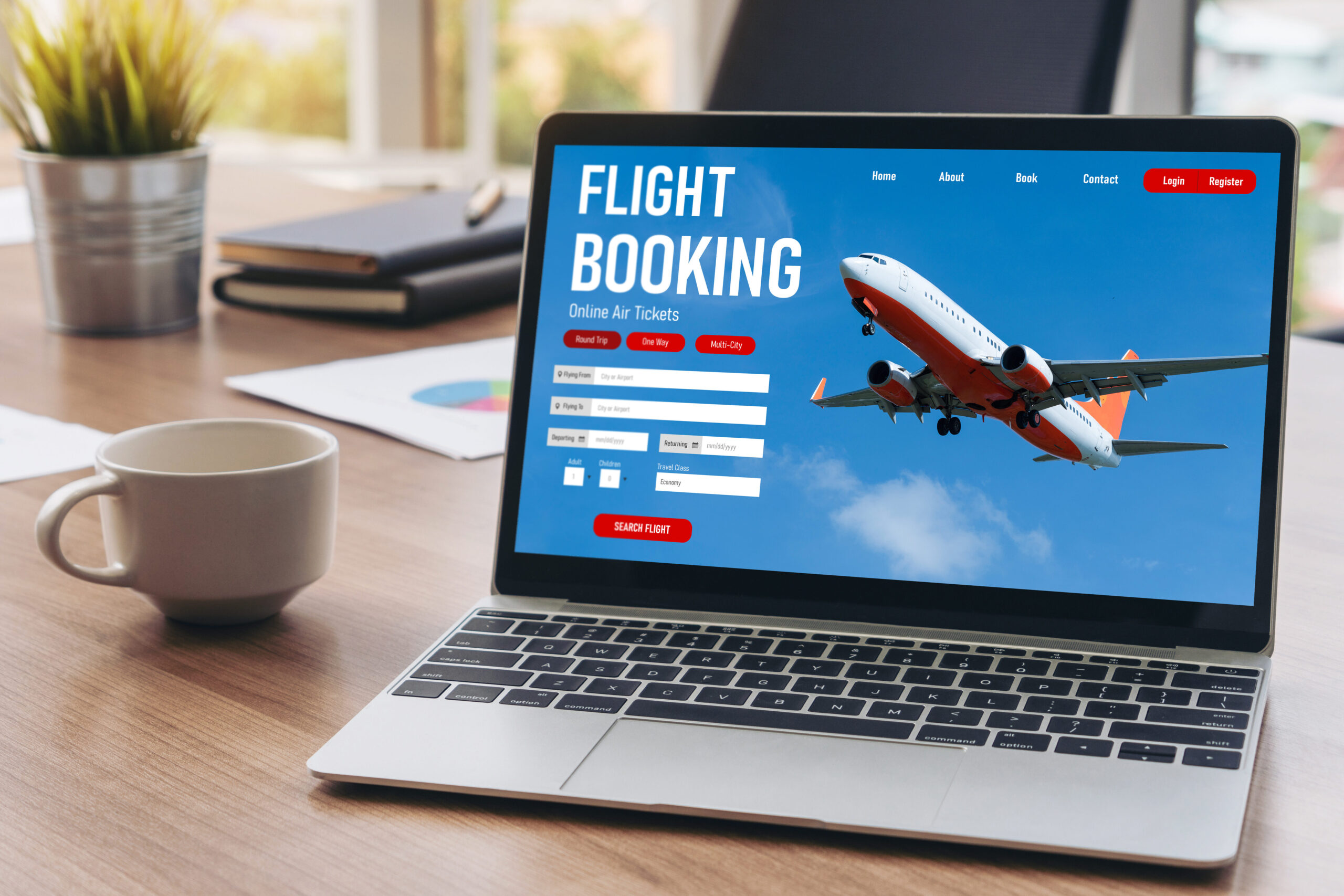 Online flight booking website provide modish reservation system . Travel technology concept .