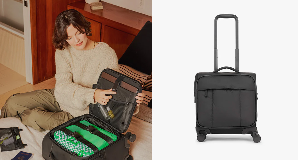 Woman packing the Luka Soft-Sided Mini Carry-On on a bed (left) and a product shot of the Luka Soft-Sided Mini Carry-On with extended handle (right)