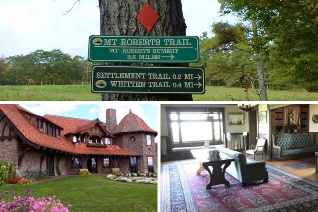 top: Hiking signs for different trails. bottom left: the mansion at Castle in the Clouds. bottom right: interior of the mansion with a table, couch and rug.