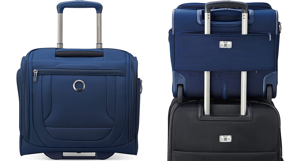 Two view of the Delsey Helium DLX Rolling Underseater in Navy Blue