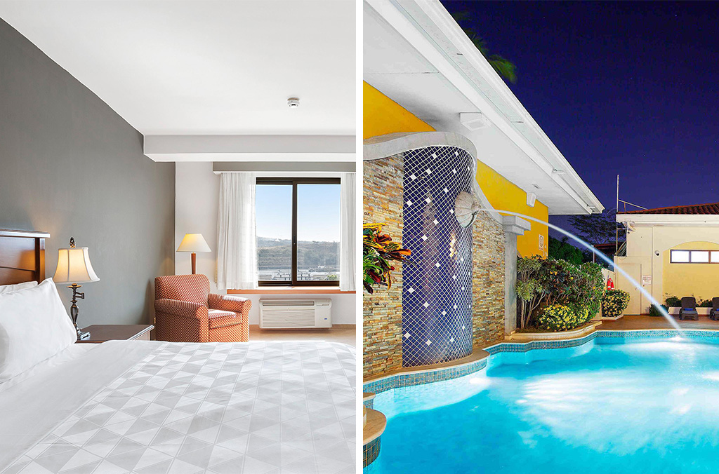 Room at Holiday Inn Panama Canal (left) and outdoor pool and fountain at Holiday Inn Panama Canal (right)