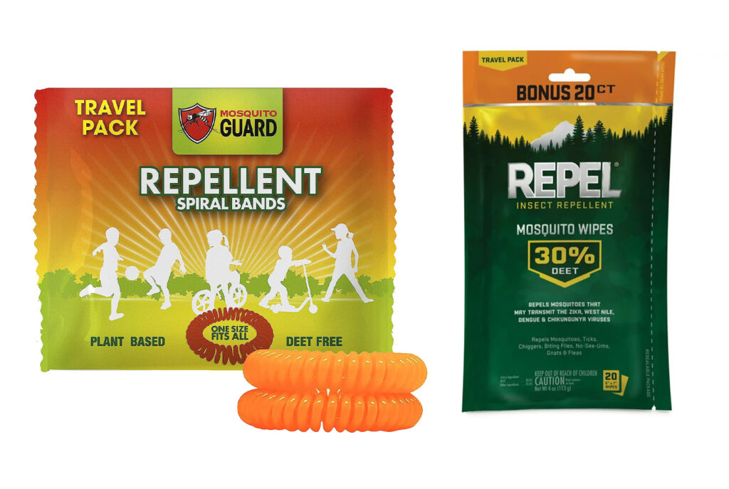 Insect repellent bracelets (left) and insect repellent wipes with DEET (right)
