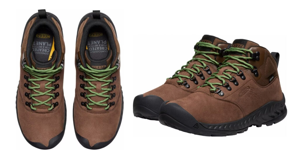 Keen NXIS Explorer Waterproof lightweight travel hiking boots in brown with green laces