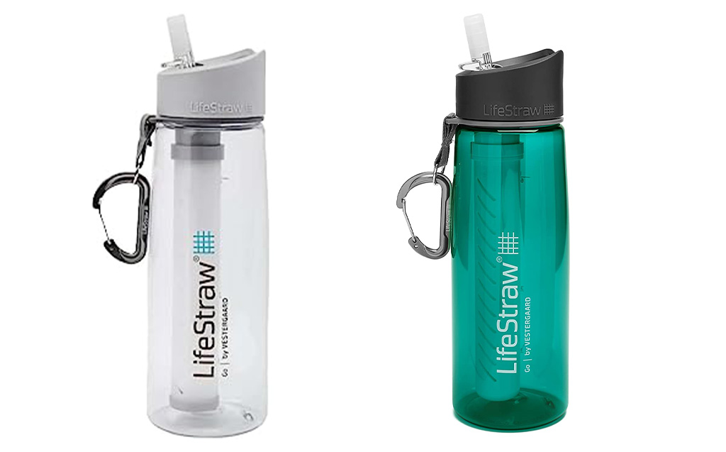 Two LifeStraw Go filtered water bottles in white and green