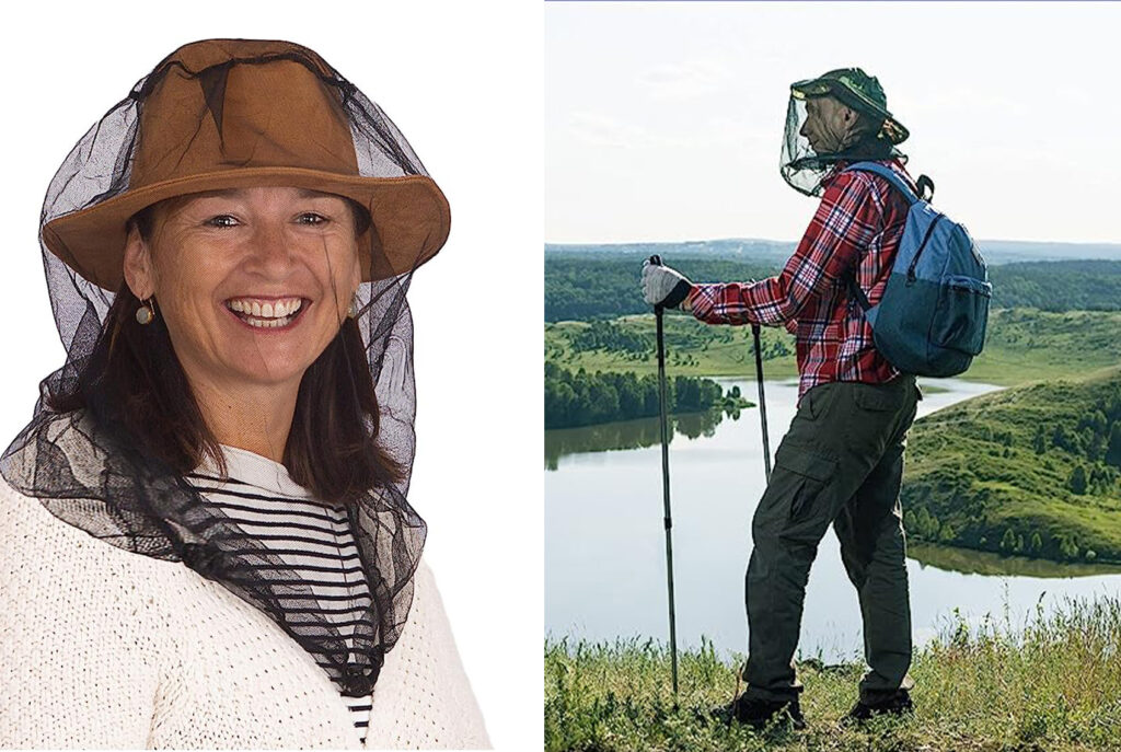 Woman wearing hat with mosquito netting (left) and man wearing hat with mosquito netting while hiking by a stream (right)