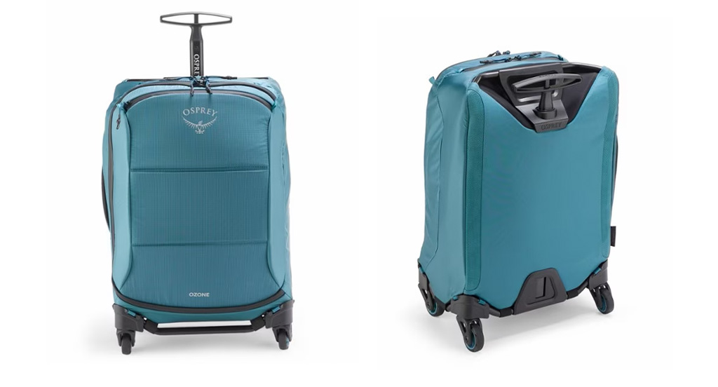 Two views of the Osprey Ozone 4-Wheel Carry-On in teal