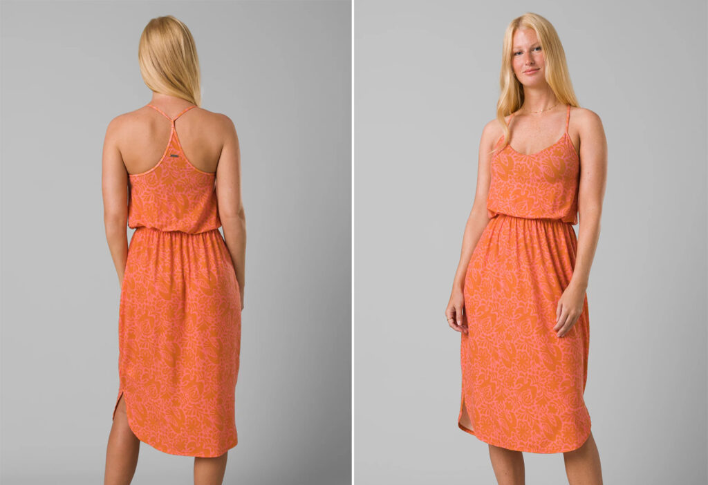 Model showing two angles of the prAna Ayla Dress in orange