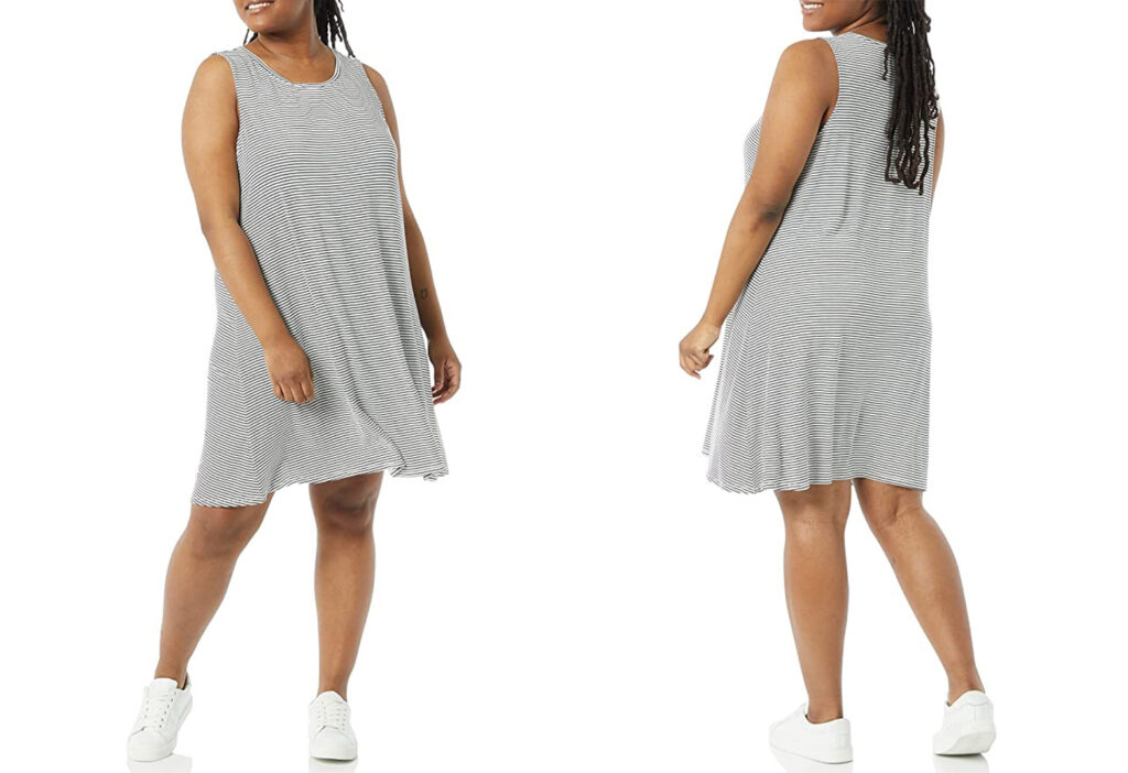 Model showing two angles of the Amazon Essentials Tank Swing Dress in grey stripe fabric