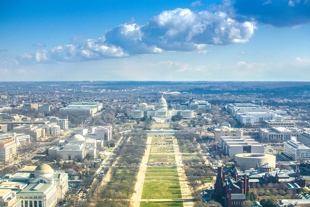 Aerial view of the Capitol Building and surrounding architecture in Washington DC