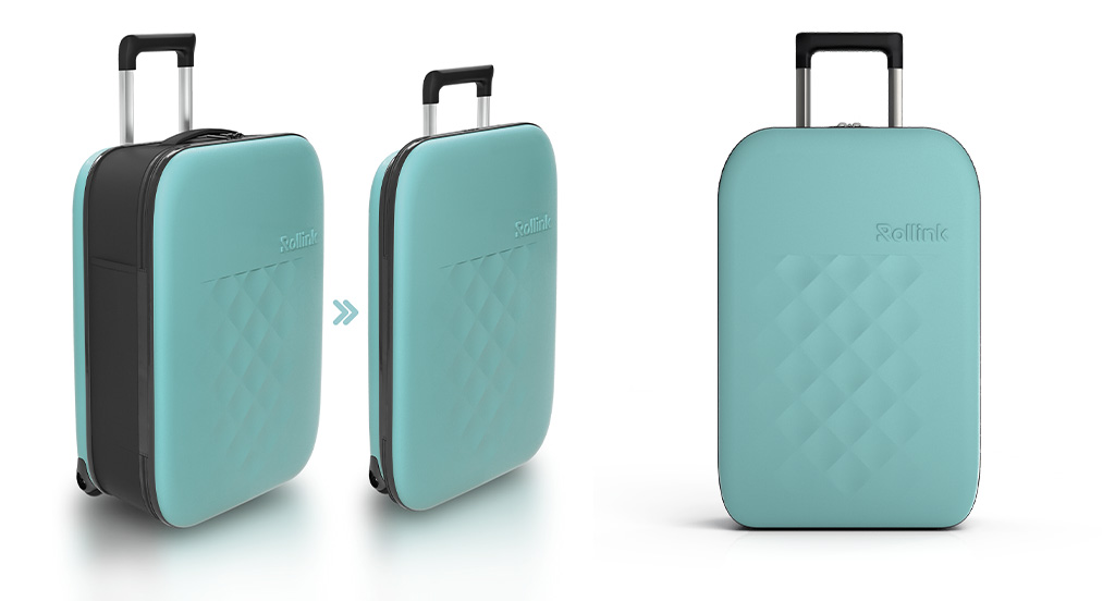 Multiple views of the Flex Vega Carry-On Suitcase in teal