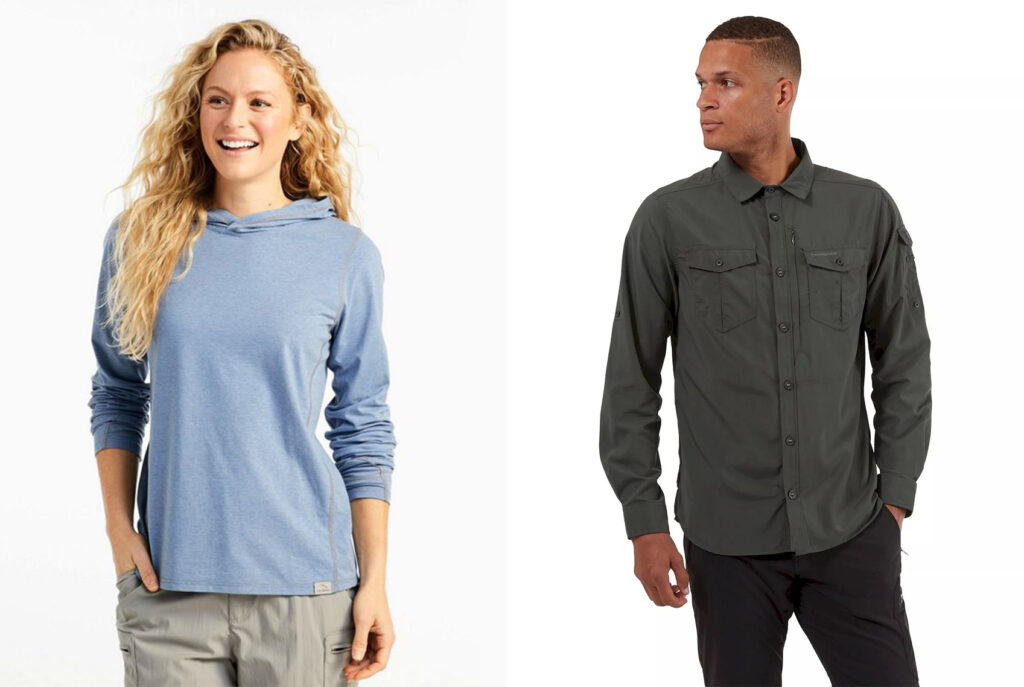 Model wearing women's InsectShield hoodie from L.L. Bean (left) and man wearing an insect repellent shirt from Craghoppers (right)