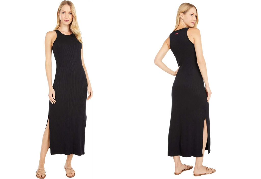 Model showing two angles of the Hard Tail Easy Paloma Dress in black