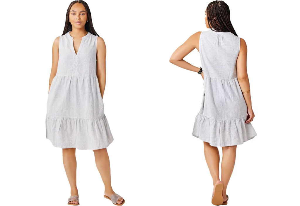 Model showing two angles of the Carve Designs Nellie Linen Dress in soft grey
