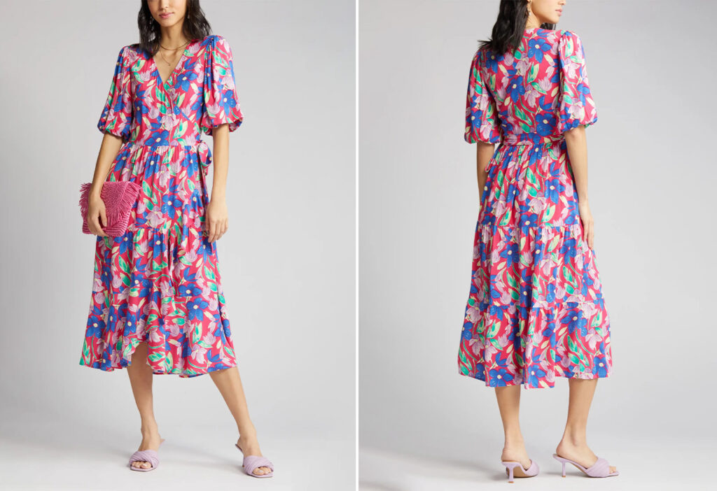 Model showing two angles of the Floral Print Puff Sleeve Dress in a blue, green, pink, and red floral print