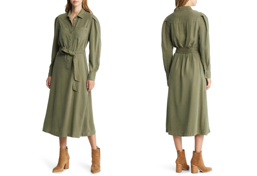 Model showing two angles of the Caslon Long Sleeve Midi Shirtdress in green