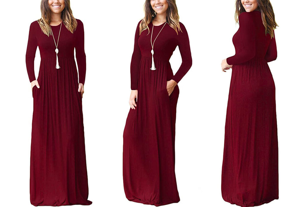 Model showing two angles of the Grecerelle Long Sleeve Maxi Dress in maroon