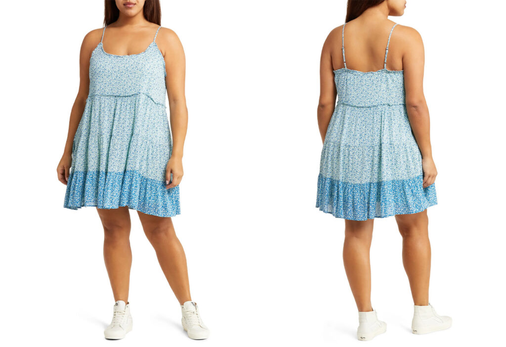 Model showing two angles of the Floral Tiered Babydoll Minidress in a blue floral pattern