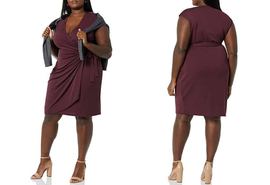 Model showing two angles of the Amazon Essentials Cap Sleeve Wrap Dress in maroon