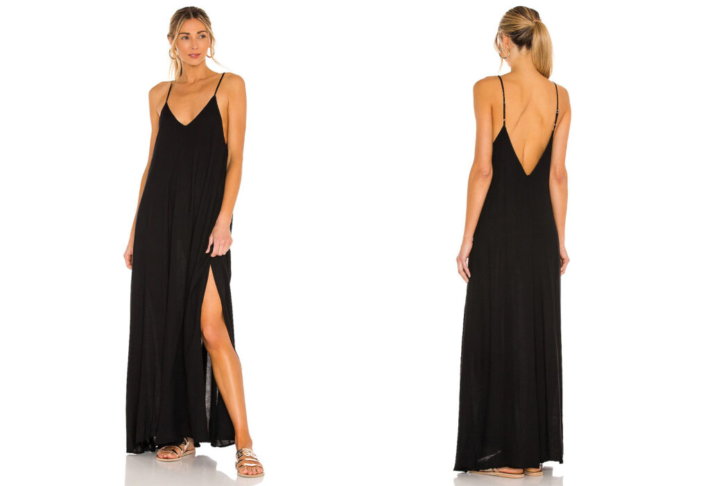 Model showing two angles of the REVOLVE Rain Maxi Dress in black