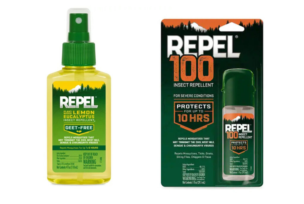 DEET-free Repel bugspray (left) and Repel 100 concentrated DEET bugspray (right)