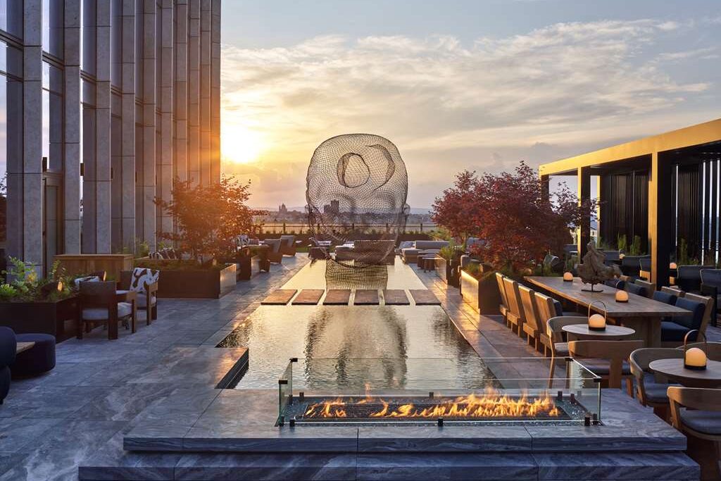 Courtyard and decorative sculpture at the The Equinox Hotel in New York City, New York