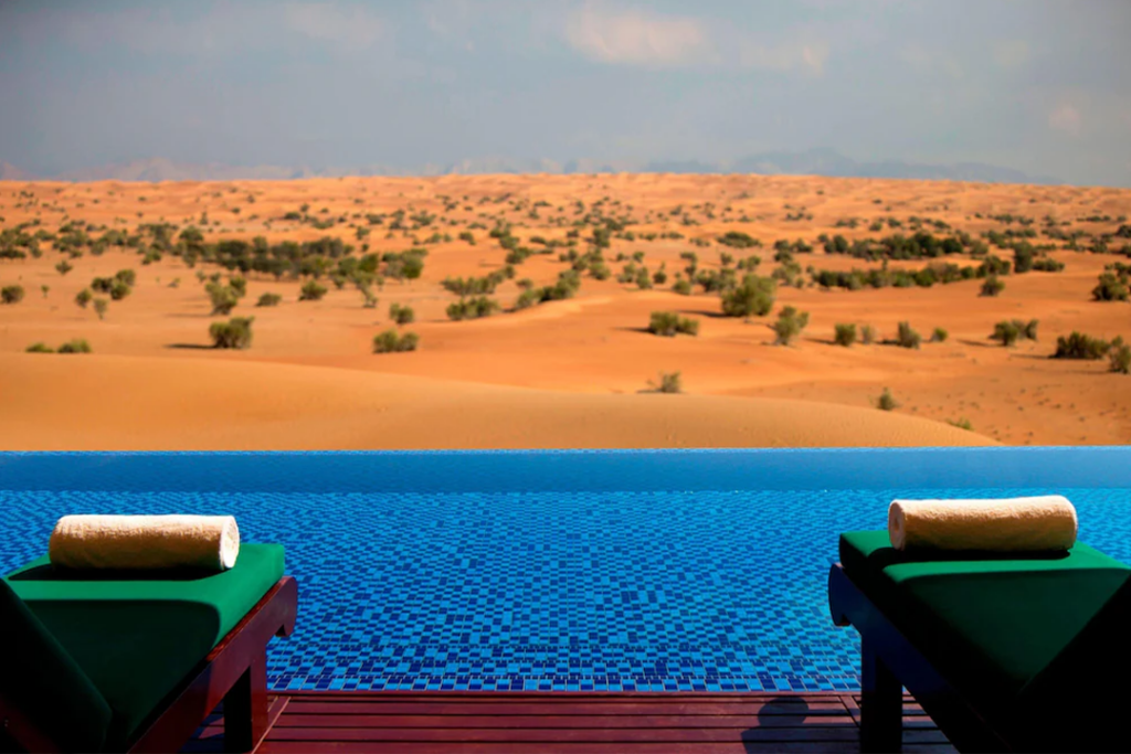 Overlooking the pool from the Spa with the desert in the distance at the Al Maha, A Luxury Collection Desert Resort & Spa, Dubai