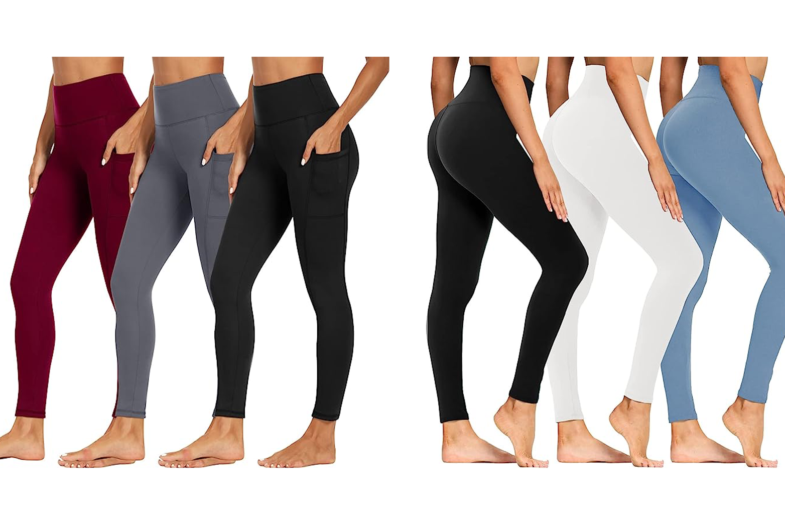 Syrinx High Waisted Leggings for Women in colors (from left to right) in front view red, grey, & black, in rear view black, white, & light blue.