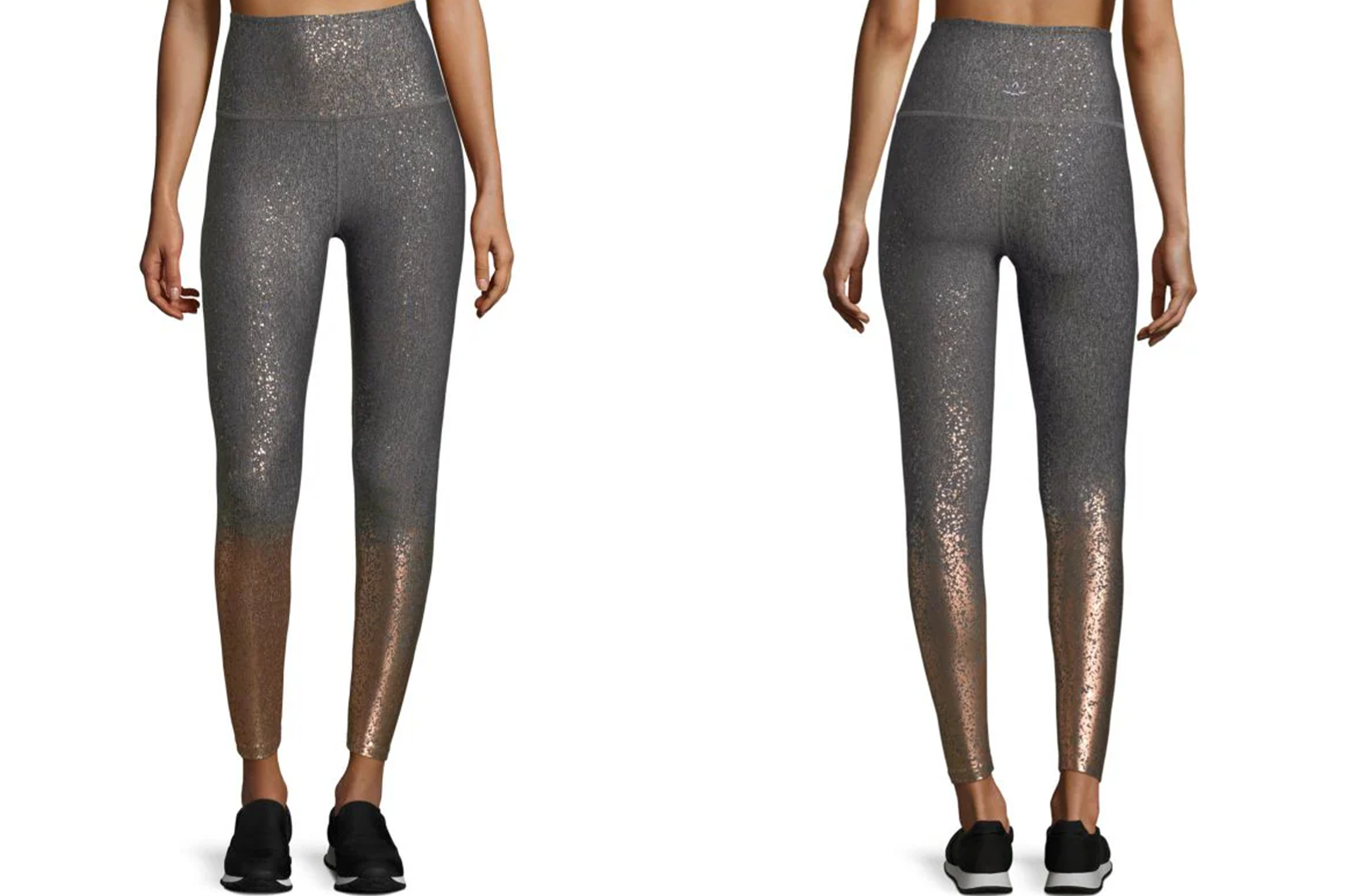 gold faded up to grey Beyond Yoga High Waisted Alloy Ombre Midi Leggings modeled front and back 