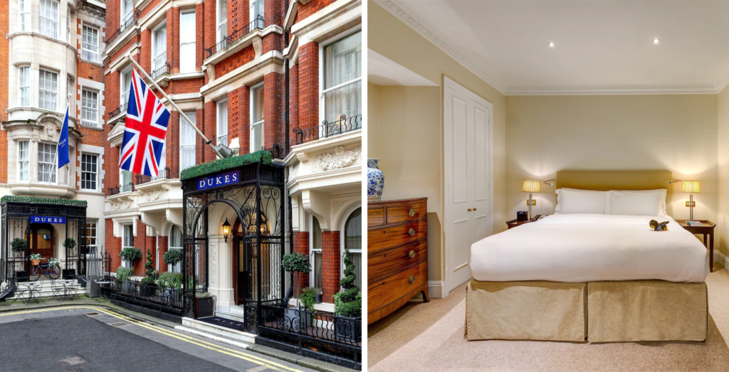 Left: Dukes London Exterior; Right: Dukes London Bedroom