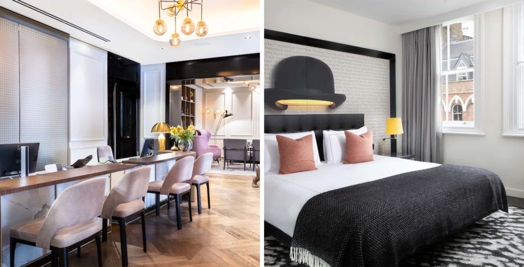 Left: Holmes Hotel London Lobby; Right:Holmes Hotel London Bedroom