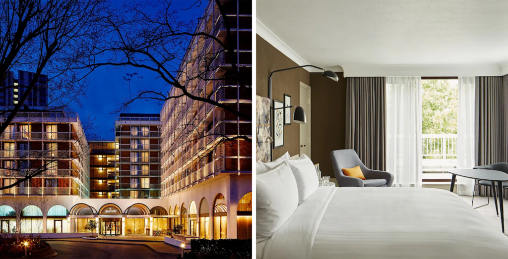 Left: London Marriott Hotel Regents Park Exterior at night; Right: London Marriott Hotel Regents Park Bedroom