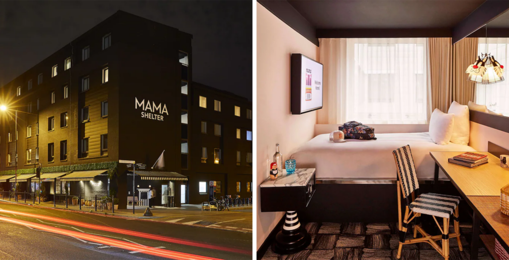 Left: Mama Shelter London - Shoreditch exterior; Right: Mama Shelter London - Shoreditch Bedroom