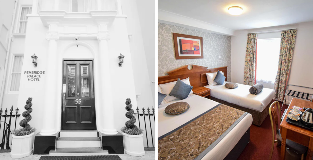 Left: Pembridge Palace Hotel Exterior; Right: Pembridge Palace Hotel Bedroom