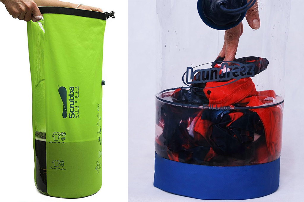 Scrubba portable laundry washing bag (left) and Laundreez portable laundry washing bag (right)