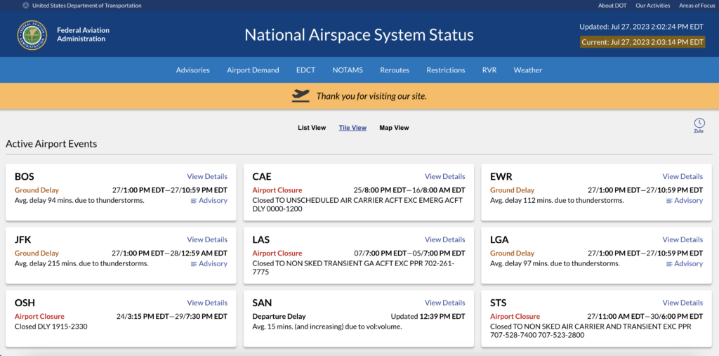 Screenshot of the National Airspace System Status, showing the on time, delayed, and cancelled statuses of flights across the United States