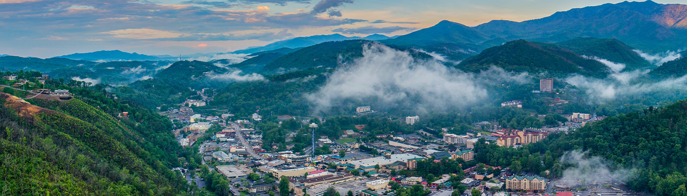 Gatlinburg, Tennessee, USA Downtown Skyline Aerial Panorama