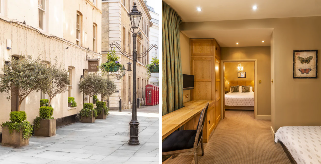 Left: The Fielding Hotel Exterior; Right: The Fielding Hotel Bedroom