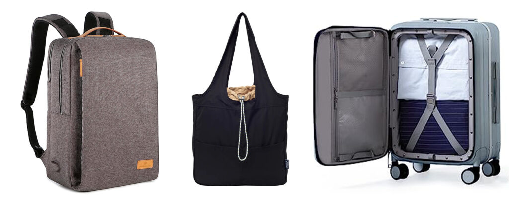 The Hanke front-opening spinner suitcase, Nordace siena smart backpack, and Bobby balos tote lined up side-by-side