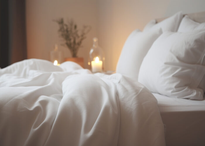 Close up of neatly made bed with candles on the side table