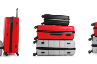 Set of different suitcases on white background. Banner design