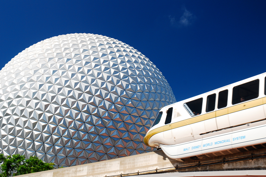 A monorail passes in front of Spaceship earth at Epcot Center in Walt Disney World, Orlando Florida