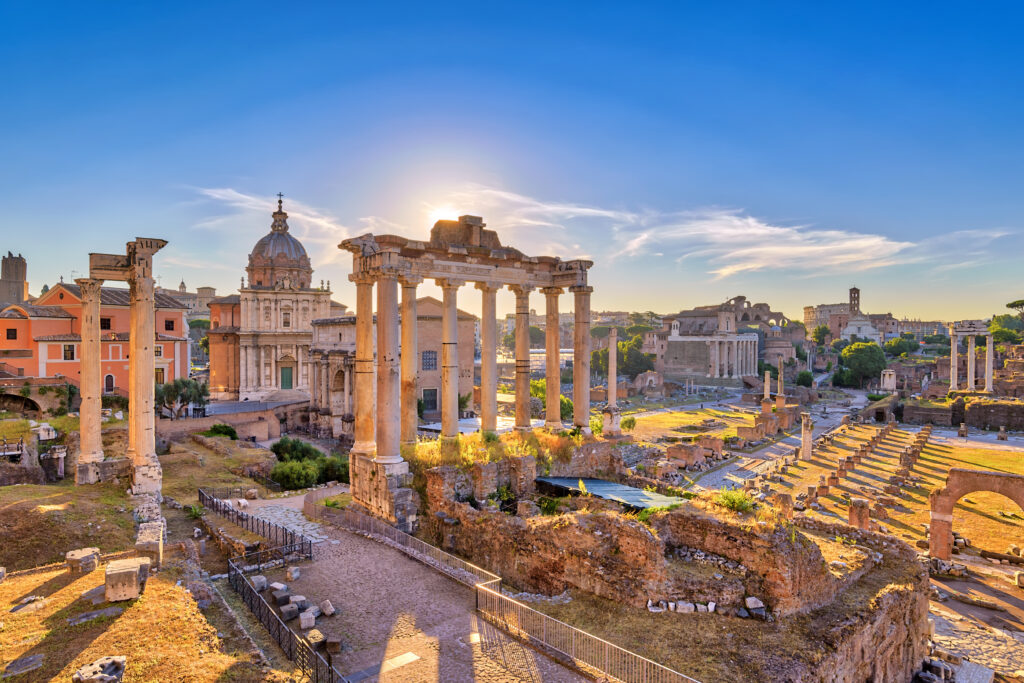 Sun rising on the ruins of the Roman Forum in Rome, Italy