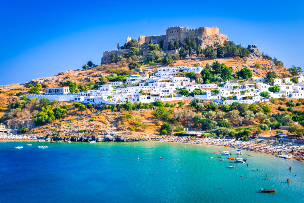 The village of Lindos and the adjacent Acropolis on the Greek island of Rhodes