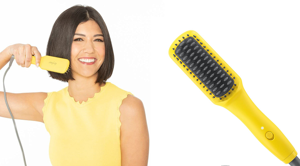 Drybar The Baby Brush Crush Mini, a tiny hair straightener for travel (right) and a model using the tool (left)